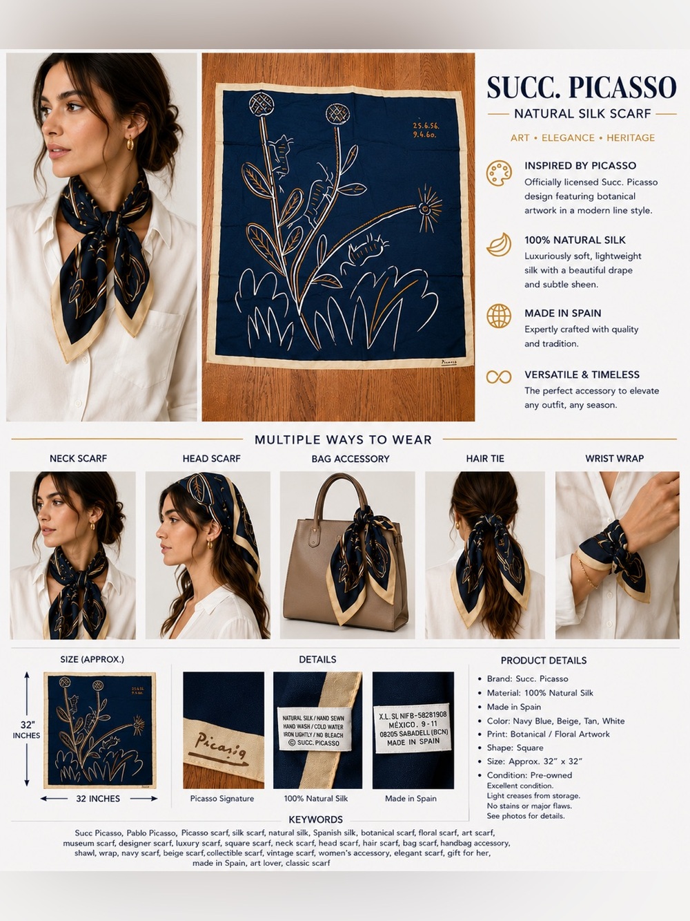 Succ. Picasso Natural Silk Botanical Art Scarf 32x32 Blue Beige Square